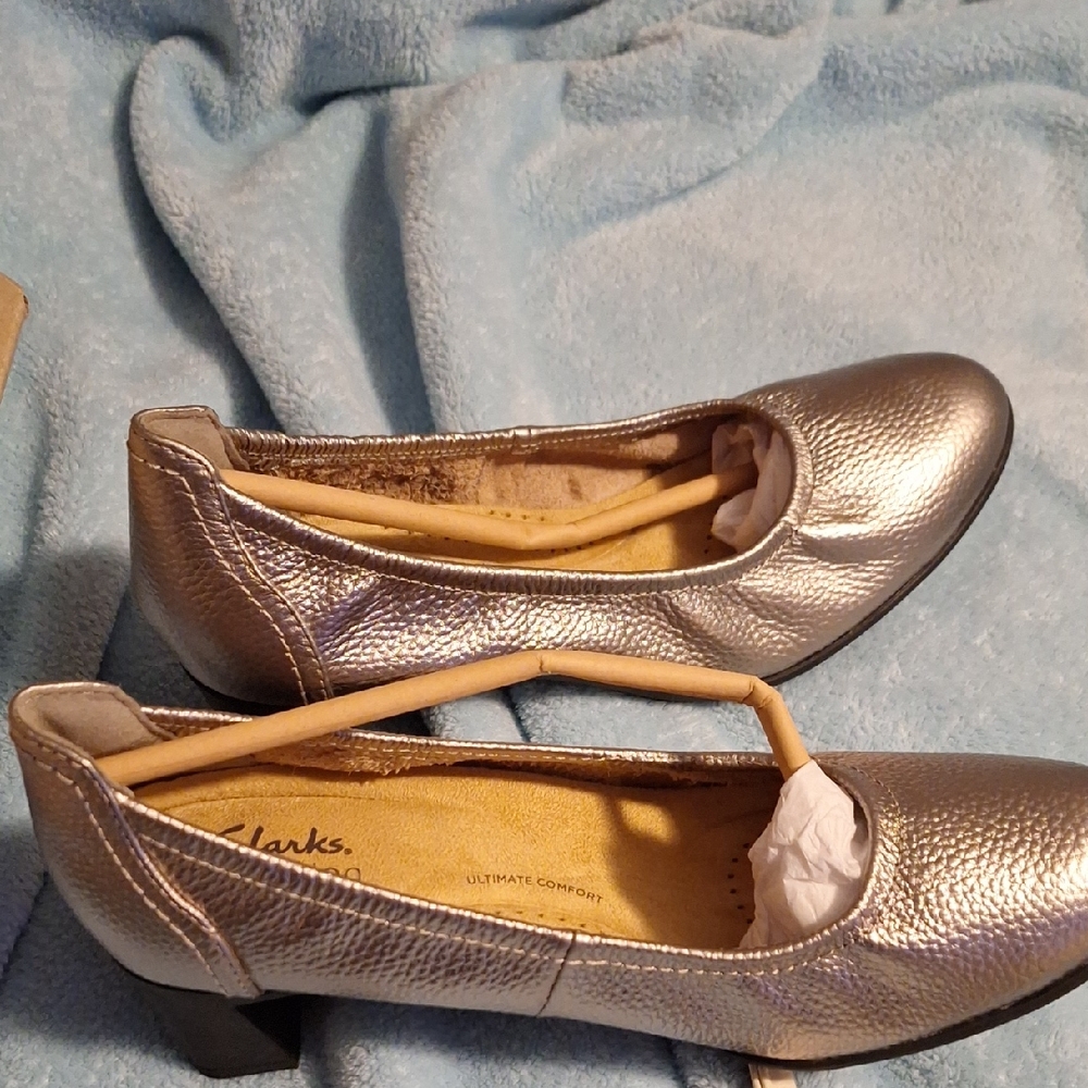 Clarks Women's Metallic Silver Heels and also purse